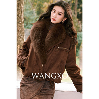WANGXO｜高品质斜纹麂皮绒｜真狐狸毛大翻领温暖白鹅绒短阔派克服