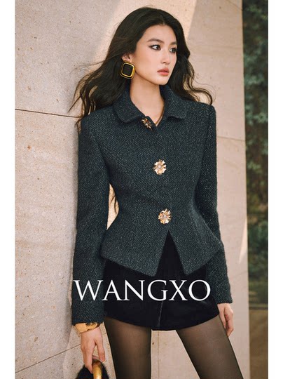 Wangxo｜Luxurious Shiny Silk Wool Fluffy Boucle Fabric｜Decorative Pin Flower Classic Waist-Cinching A-Line Short Coat