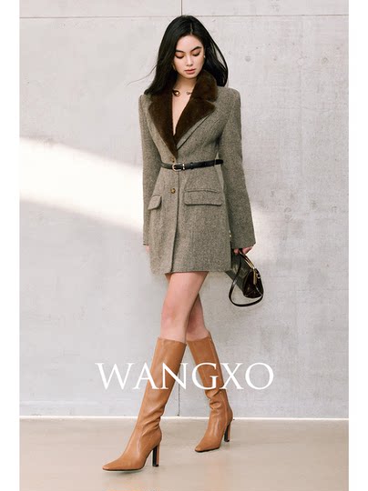 Wangxo｜Precious Natural 100% Wool｜Detachable Eco-Friendly Fur Collar, Wide Shoulders, Waist-Cinching, Long-Sleeved Blazer