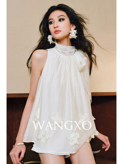 Wangxo｜Luxury Brand High-End Tencel Acetate｜Heavy-Duty Hand-Embroidered Flowers｜French-Style Loose-Fitting Sleeveless Top with Ribbons