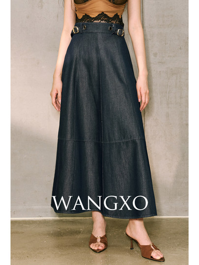 WANGXO｜Изысканный блестящий шелковый твил, классическая натуральная кожа｜Трехмерные накладные карманы, укороченный жакет до плеч и расклешенная юбка