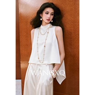 WANGXO｜丝光感高密斜纹缎｜A摆搭片无袖上衣＆显瘦褶裥阔腿裤