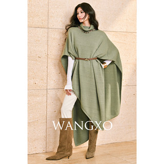 Wangxo｜Gold-Plated Shiny Silk and Soft Wool Coarse Knit Technique｜High-Neck Asymmetrical Hem Long Cape