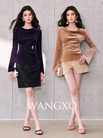 Wangxo[01/20 20:00Pm New Arrival 5% off]Velvet Ruffled Collar Top with Draped Details