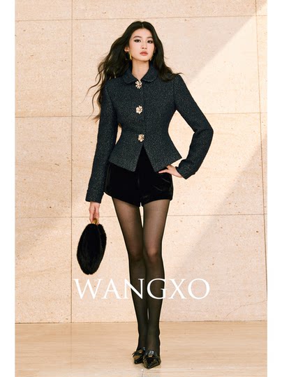 Wangxo｜Luxurious Shiny Silk Wool Fluffy Boucle Fabric｜Decorative Pin Flower Classic Waist-Cinching A-Line Short Coat