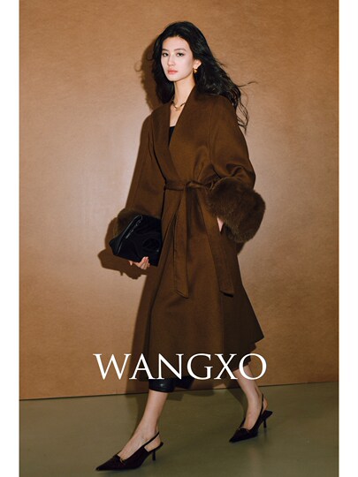 Wangxo｜Luxurious All-Wool Stand-Up Collar｜Fox Fur Cuffs｜Bathrobe-Style Belted Long Double-Sided Wool Coat