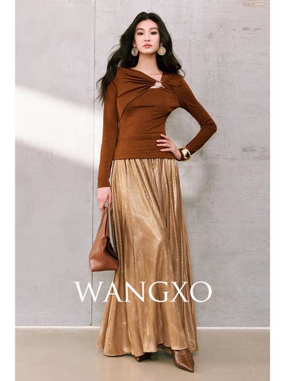 Wangxo｜Flowing Light and Shadow｜Fine Shimmering Gold Three-Dimensional Pleats｜Flowing and Elegant High-Waisted Large Hem Umbrella Skirt
