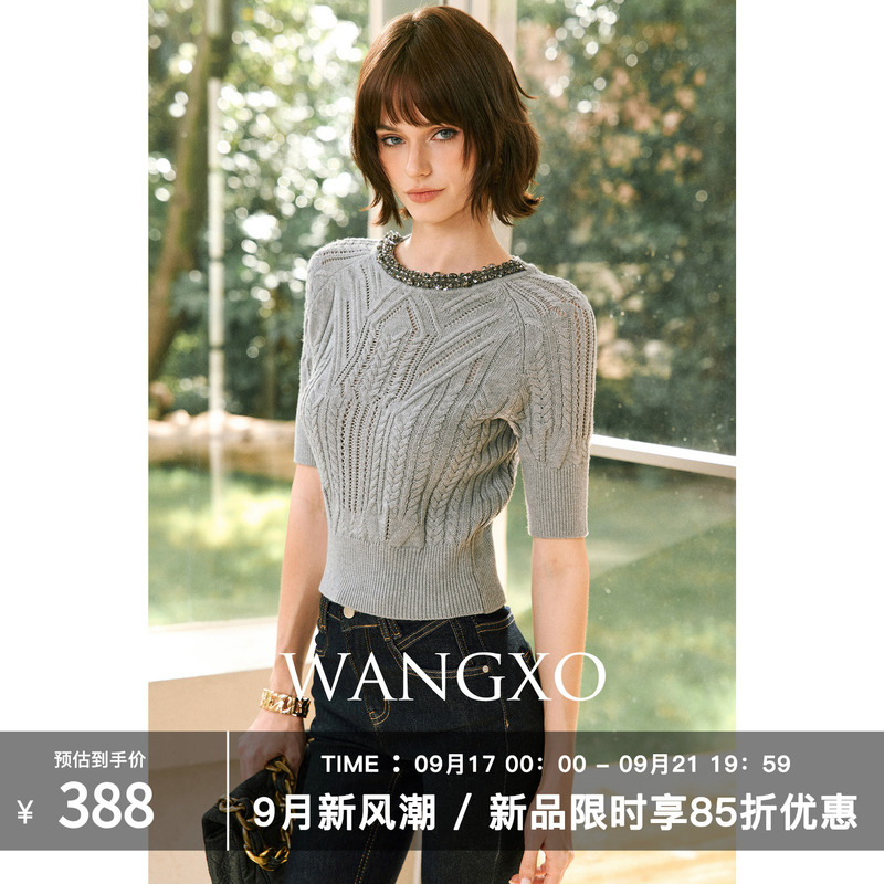 Wangxo | Lightly Mature and Elegant | Wool Cable Knit Crew Neck Hand-Stitched Ribbed Cuff Five-Quarter Sleeve Wool Knit Sweater Wangxo | Lightly Mature and Elegant | Wool Cable Knit Crew Neck Hand-Stitched Ribbed Cuff Five-Quarter Sleeve Wool Knit Sweater