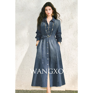 Wangxo｜High-Quality Xinjiang Long-Staple Cotton｜Distressed and Washed｜Belted Denim Flared Shirt Dress
