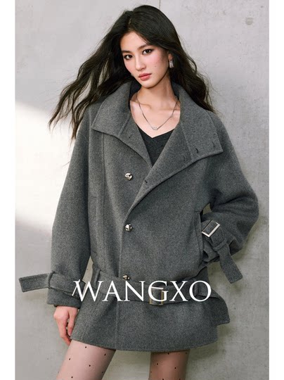Wangxo｜Custom-Spun Wool and Cashmere in the Perfect Golden Ratio｜Gray Double-Sided Wool Coat with Large Lapel and Waist-Cinching Belt