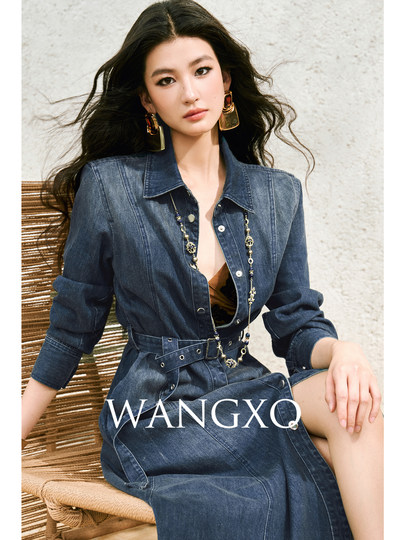 Wangxo｜High-Quality Xinjiang Long-Staple Cotton｜Distressed and Washed｜Belted Denim Flared Shirt Dress