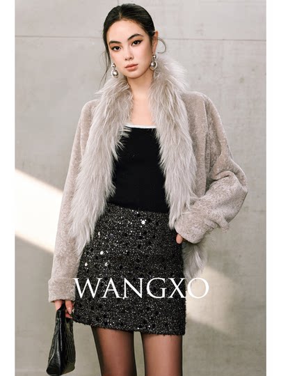 Wangxo｜Sheep Shearling Texture Eco-Friendly Fur｜Heavy Raccoon Fur Collar Raglan Sleeve Loose Cardigan Jacket