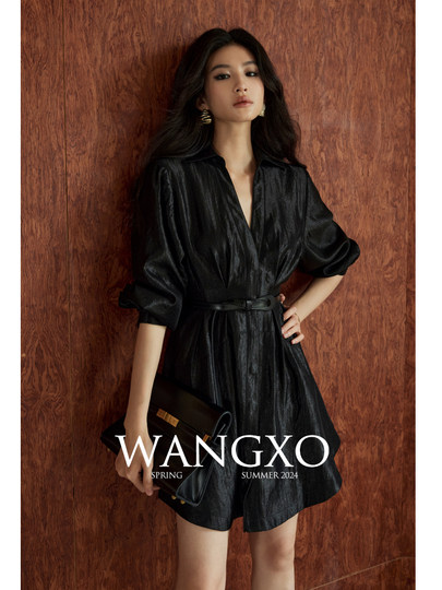 Wangxo｜Silk Brocade with a Delicate Sheen｜Waist-Cinching A-Line Hem with Belt, Long & Short Shirt-Style Dress