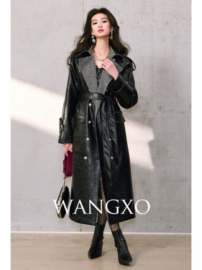 WANGXO Retro cracked environmentally friendly leather and twill wool lapel double-breasted quilted long leather jacket