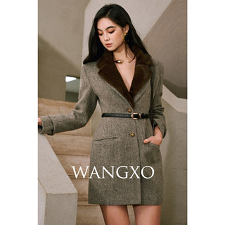 Wangxo｜Precious Natural 100% Wool｜Detachable Eco-Friendly Fur Collar, Wide Shoulders, Waist-Cinching, Long-Sleeved Blazer