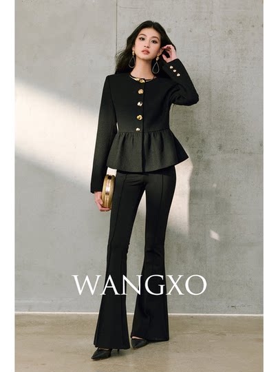 Wangxo｜Premium Custom-Woven Woolen Fabric｜Floral Waist-Cinching Irregular Buttoned Round-Neck Short Coat