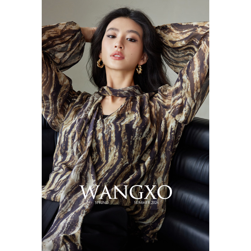 WANGXO|Импортный прозрачный жоржетовый материал/Авангардная художественная печать|свободная рубашка с V-образным вырезом и длинным рукавом-фонариком для женщин Изображение 1