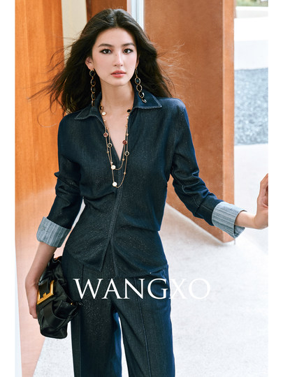 Wangxo｜Just What You Need for the Hot Summer｜Luxurious Silver Silk Cool Tencel｜Vintage Original Color Waist-Cinching Shirt and Denim Suit