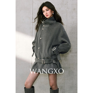 Wangxo｜Custom-Spun Wool and Cashmere in the Perfect Golden Ratio｜Gray Double-Sided Wool Coat with Large Lapel and Waist-Cinching Belt