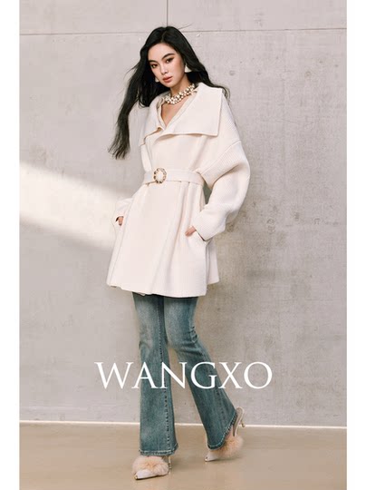 Wangxo｜Luxurious Shiny Silk Modal Thick Knit｜Large Lapel with Diamond Buttons, Tie Waist, Wide-Fit Sweater Cardigan