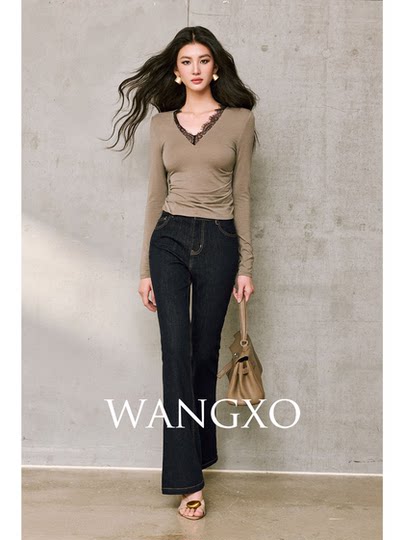 Wangxo｜Commuting Recommendation｜Soft and Elastic Cotton-Like Feel, Wrinkle-Resistant｜Vintage Raw Denim Blue Color-Blocked Contrast Stitching Flared Jeans