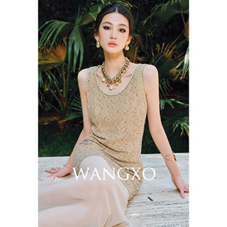WANGXO｜缎面拼接乔其纱＆弹力亮丝针织｜吊带长裙＆背心短裙套装