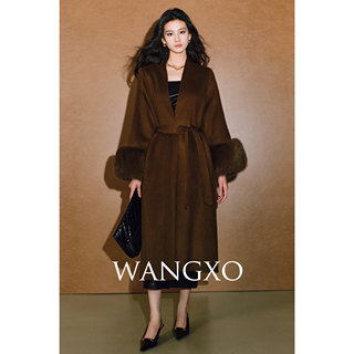 WANGXO｜奢贵全羊毛立绒｜袖口狐狸毛｜浴袍式腰带长款双面呢大衣