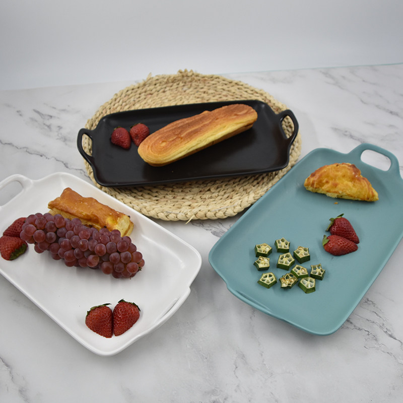Rectangular Dish Ceramic Home Net Red Breakfast Pan Shake double-ear plate mesh Red disc Bull Platter Dish Western Dining Tray