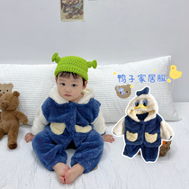 Childrens clothing childrens autumn and winter suit plus velvet 0-3 years old male and female baby split pajamas warm baby velvet home clothing tide
