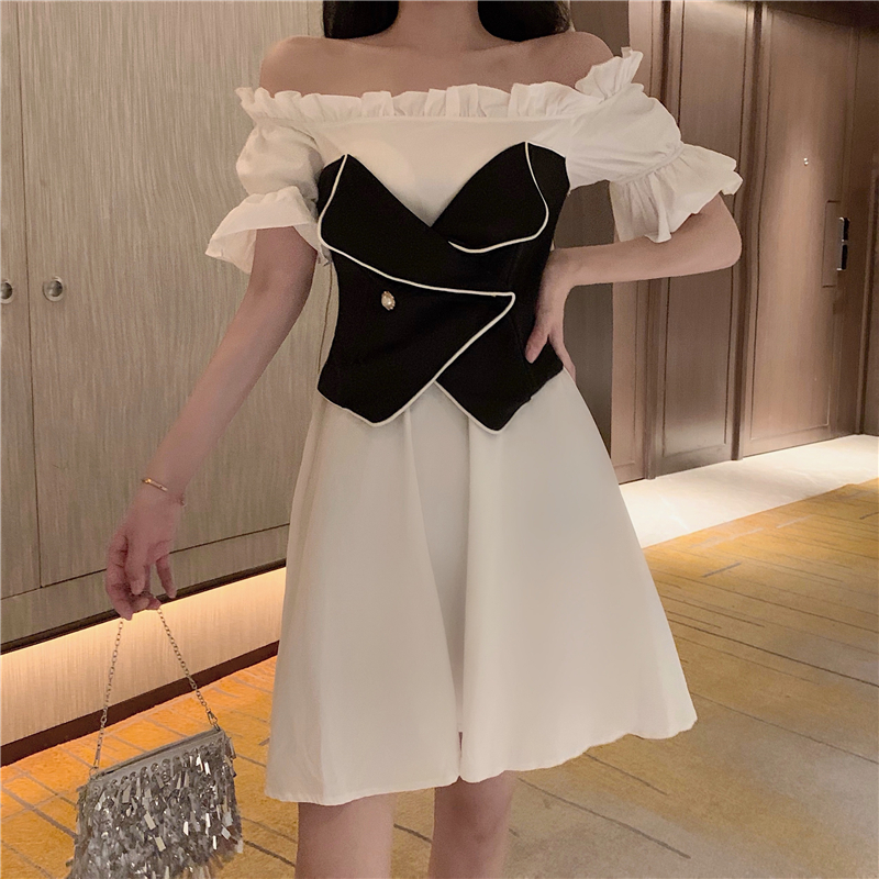VK旗艦店 法式小香風一字領撞色拼接假兩件短袖洋裝