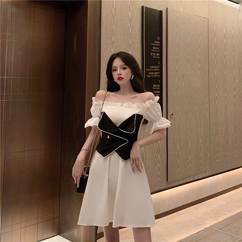 VK旗艦店 法式小香風一字領撞色拼接假兩件短袖洋裝