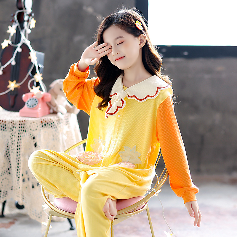 Girls ' pajamas Spring and Autumn pure cotton one-piece 7-9-12 years old little girl anti-kick one-piece baby belly protection cute