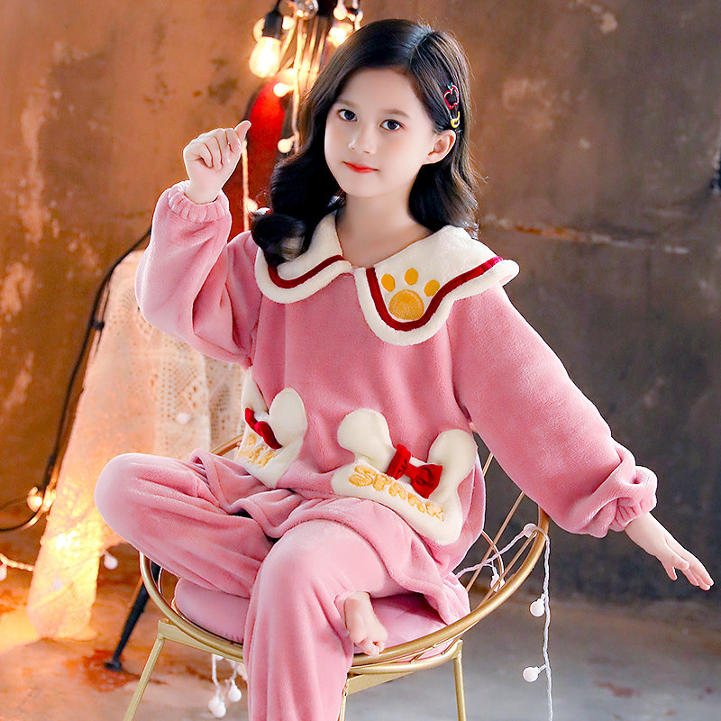 Children's pyjamas autumn winter clothing thickening paragraph 2023 new girl's flannel suit little girl Coral Suede Home-Taobao