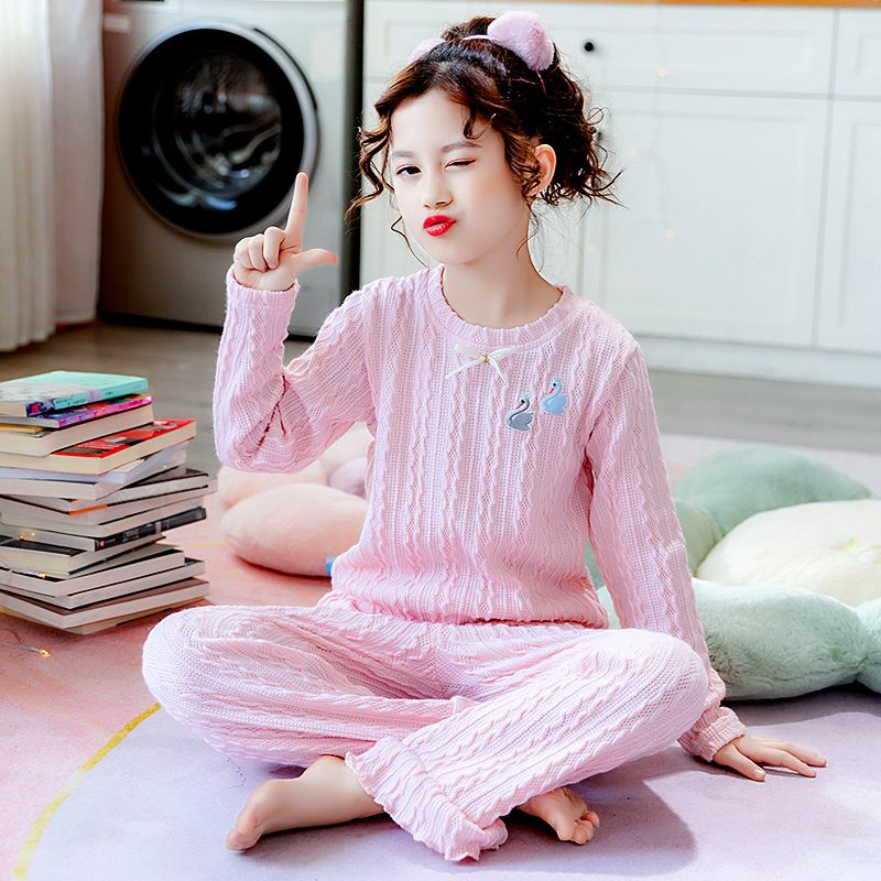 Children's loungewear 2021 new middle and large children's long-sleeved knitted round neck Western style loose suit 9 loungewear 12 years old
