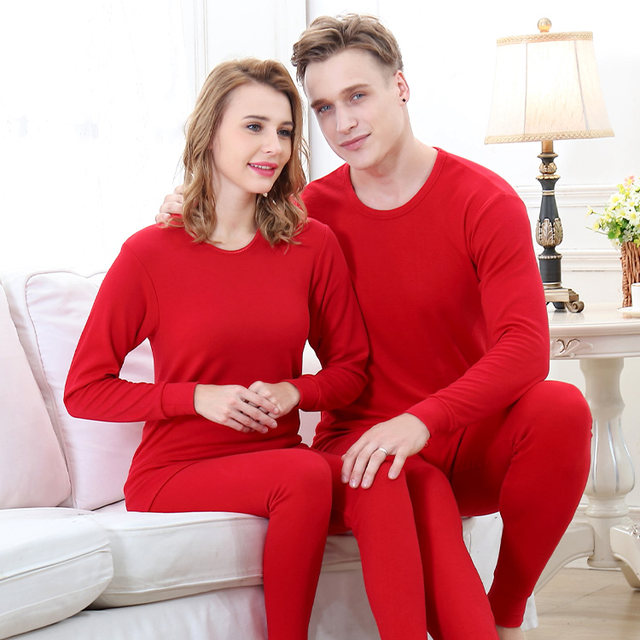 Red bean low neck round neck men and women pure cotton autumn clothes and autumn trousers white black black big red animal year set underwear