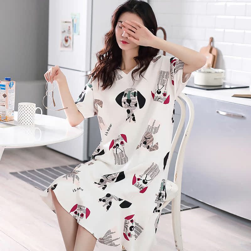 Dài vừa ngủ váy cô gái mùa hè womens đồ ngủ cotton ngắn tay womens mùa hè mỏng trên đầu gối sâu quần áo nhà hoạt hình dễ thương.