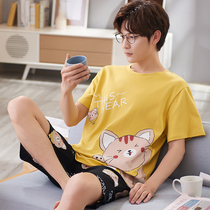 Pajamas mens short-sleeved cotton Korean version of youth cotton mens summer summer thin home clothes leisure suit