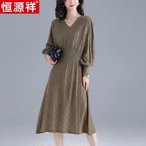 Hengyuanxiang womens autumn long dress fat mm large size 200 pounds fashion V-neck thin cardigan