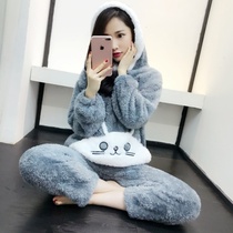 2018 new autumn and winter lovely sweet pajamas women winter thick plus velvet warm coral velvet plush set