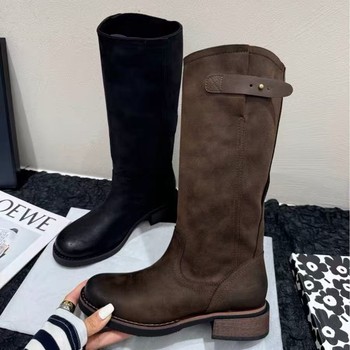 Medium heel, round toe, polished fashionable retro women's high boots