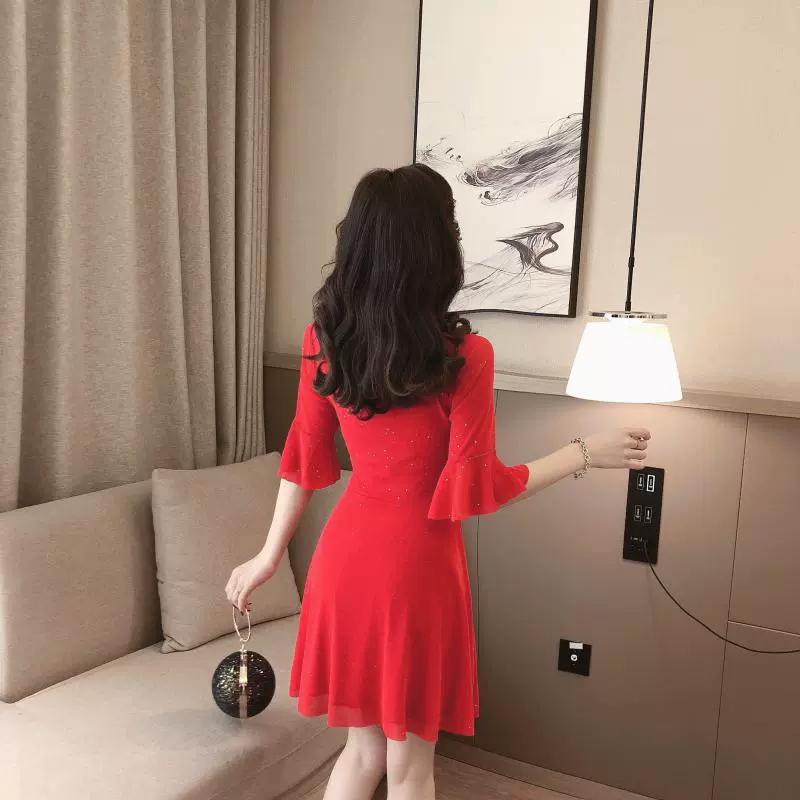 E4928 Phụ nữ ăn mặc mùa hè mới cổ thấp V-eo thắt lưng tay áo mỏng tay áo một từ váy đu lớn - A-Line Váy mẫu váy chữ a đẹp 2020