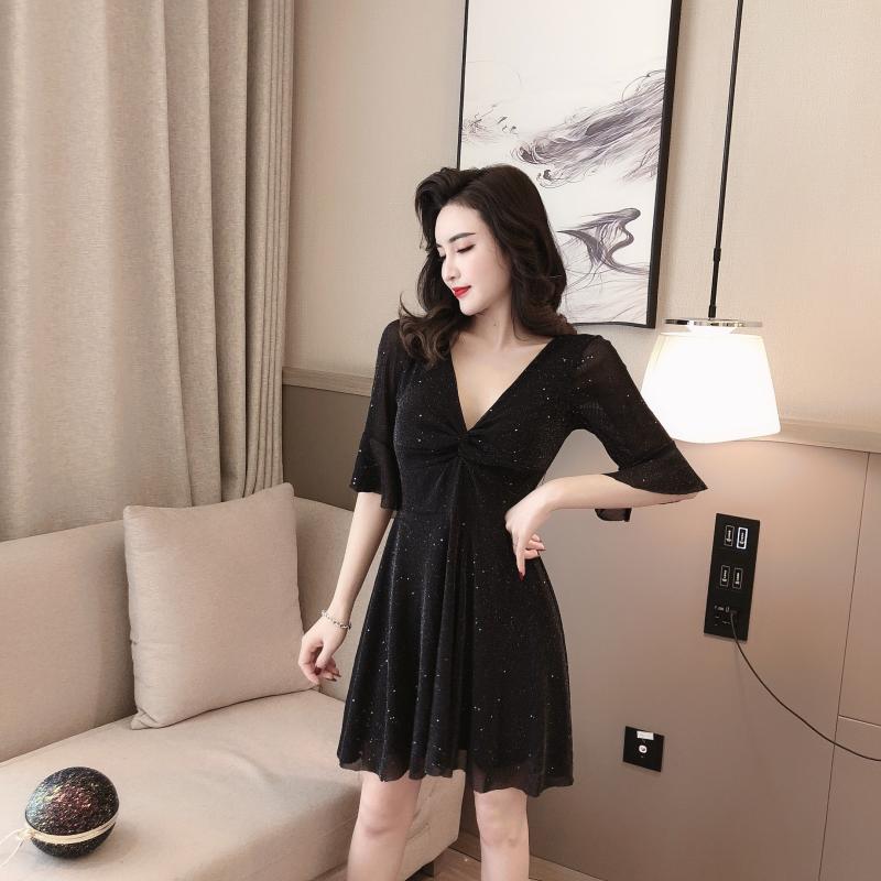 E4928 Phụ nữ ăn mặc mùa hè mới cổ thấp V-eo thắt lưng tay áo mỏng tay áo một từ váy đu lớn - A-Line Váy đầm xòe tuổi trung niên