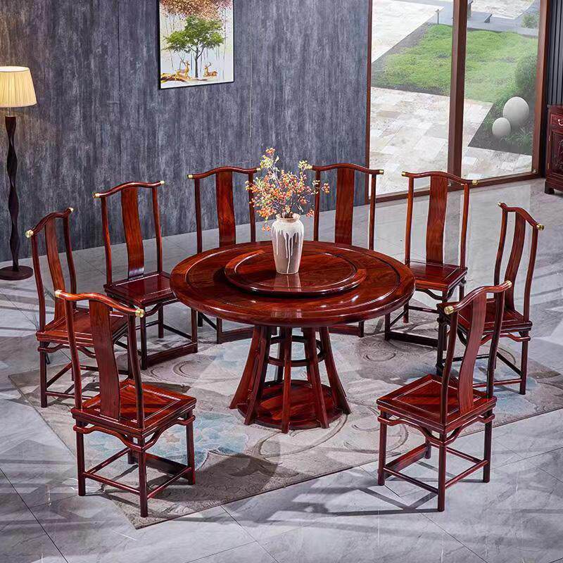 East African acid branch wood round dining table and chair combination mahogany dining table solid wood round dining table dining room new Chinese style small waist turntable