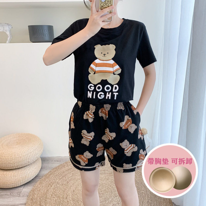 Pajamas lady with chest mat summer cotton short sleeve shorts cute cartoon bear leisure students can wear home suit