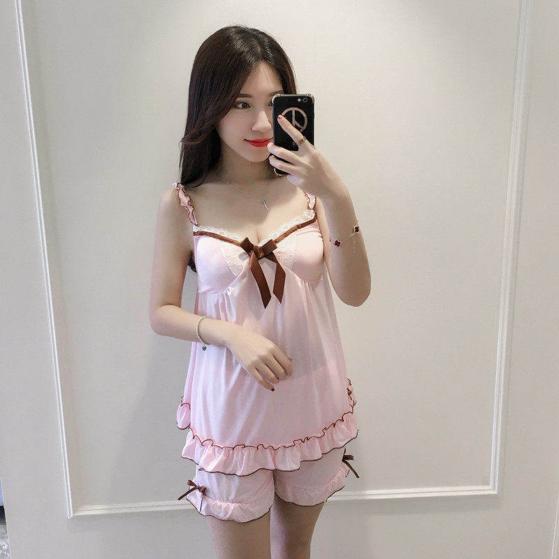Summer sling pajamas for women with chest pad ice silk thin sexy V-neck sweet and cute bow home service suit
