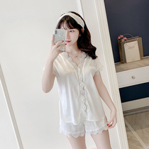 INS style Korean silk pajamas female summer silk lace short sleeve shorts simple fashion luxury thin home clothes
