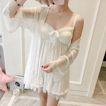 Sweet sexy lace net gauze sling nightgown two-piece princess fairy pajamas with chest pad home clothes summer