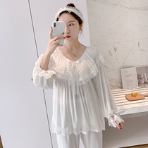 Long-sleeved pajamas with chest pad womens lace modal spring and autumn Korean version sweet and cute princess girl home service set