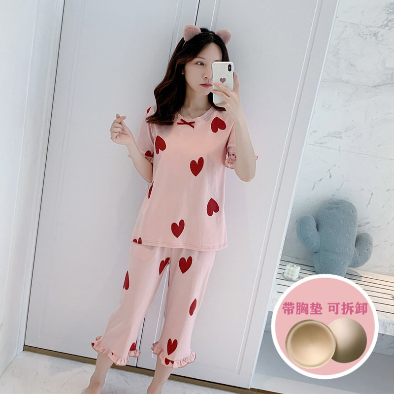 Short-sleeved pajamas with chest pad women's summer pure cotton Korean version sweet and cute capri pants girl student home service suit
