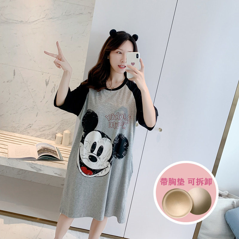 Short-sleeved nightdress with chest pad pure cotton pajamas female summer cute cartoon Mickey girl loose large size student home service